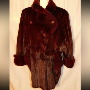 Federico Bano Maroon Beaver Midlength Fur Car Coat +Sheepskin Trim Collar Large
